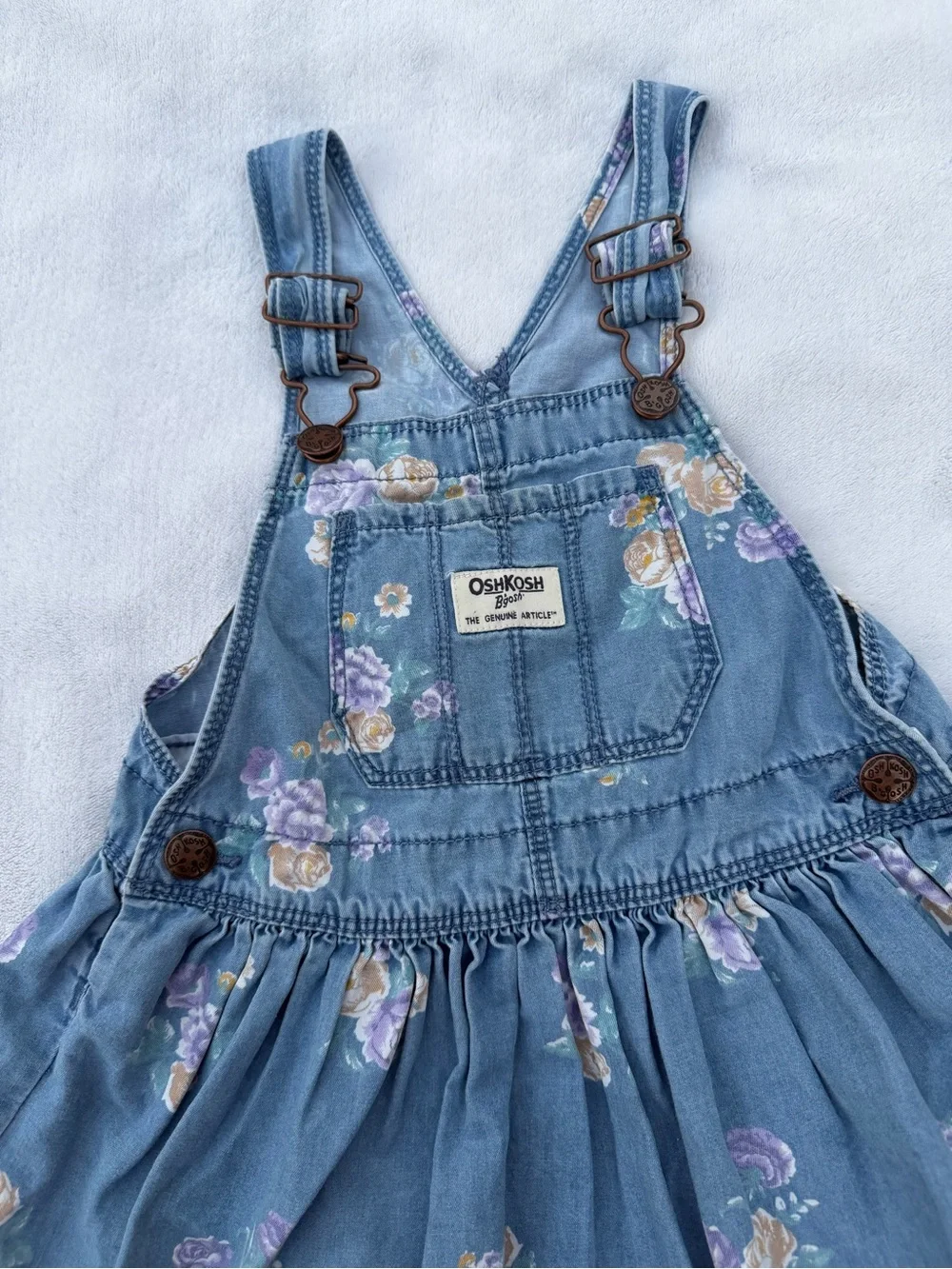 OshKosh B'gosh Blue Denim Floral Overall Dress Size 3T